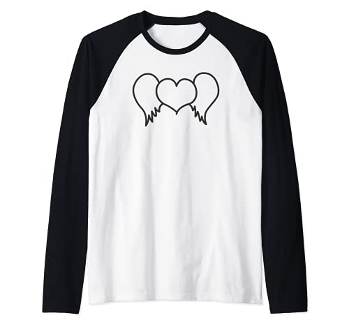 Simple Line Winged Heart Raglan Baseball Tee, Black