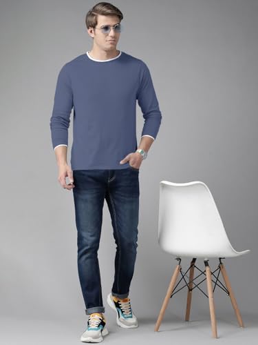 Image of THE DRY STATE Turquoise Blue Cotton Round Neck Full Sleeve Casual T-Shirt for Men