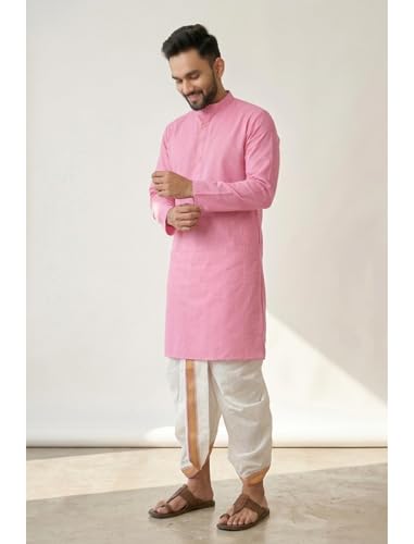 Image of UNIQUE MOMENTS Men's Cotton Dhoti Kurta Set with Full Sleeves Solid Pattern Modern Style and Mandarin Collar Neck | Perfect for Puja & Celebrations