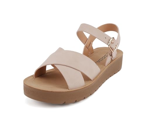 Image of Soda CHESTER ~ Women Flat Sandals Flatform Ankle Buckle Criss Cross Band Straps Sandals Shoes (Gold Raffia, 5.5)