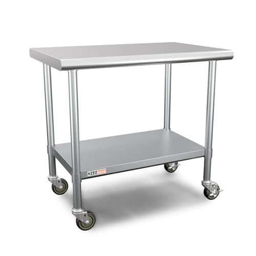 HZEEMFG Mesa de acero inoxidable para preparación y trabajo, mesa comercial resistente con ruedas para restaurante, hogar, hotel, lavandería, garaje, talleres (con ruedas, 24 x 36 pulgadas)