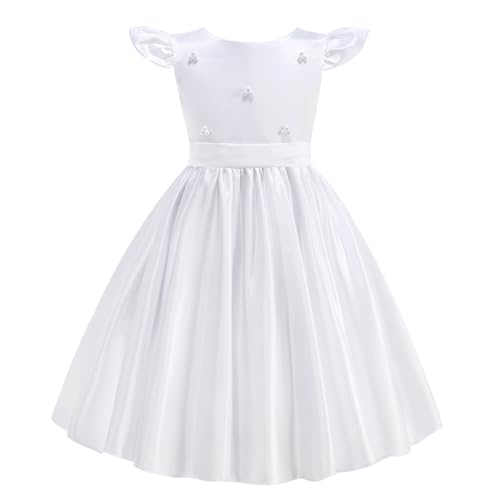 Flower Girl Dress Satin V-Back Flutter Sleeve Pageant Communion Bowknot for Wedding Birthday Guest Party Gown2