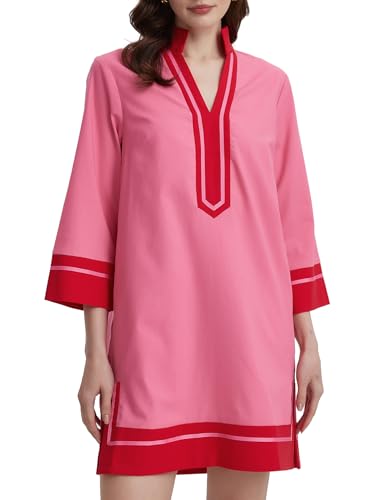 Kedera Damen Etuikleid aus Leinen, V-Ausschnitt, 3/4-Ärmel, tiefer V-Ausschnitt, lässig, Mini-Kragen, für Sommerarbeit, mit Taschen, Rosenrot,...
