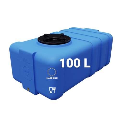 KMND Wassertank 100 Liter - PE-HD Wasserbehälter 3/4 Zoll Gewinde - lebensmittelecht PZH-Zertifiziert Regentonne Hauswasserwerk - UV-beständig flach Eckig Trinkwasser Vorrat - Blau