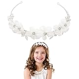 White Tulle Flower Headband Flower Girl Headpiece Rhinestones Wedding Flower Headband Princess Crystal Pearl Hair Accessories for Girls Wedding Birthday Party First Communion Tiara