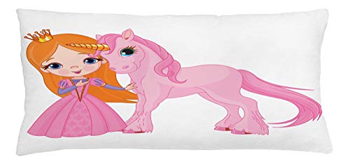 Lunarable Cartoon Throw Pillow Cushion Cover, Smiling Girl with Her Pony Magic Unicorn Medieval Tale Characters, Decorative Rectangle Accent Pillow Case, 36