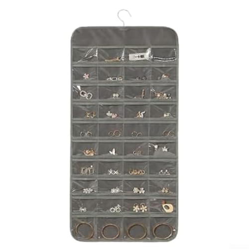 EffiFish Organiseur de bijoux double face à suspendre avec 80 poches en PVC transparent et cintre rotatif à 360 degrés pour porte de placard ou rangement mural (gris)
