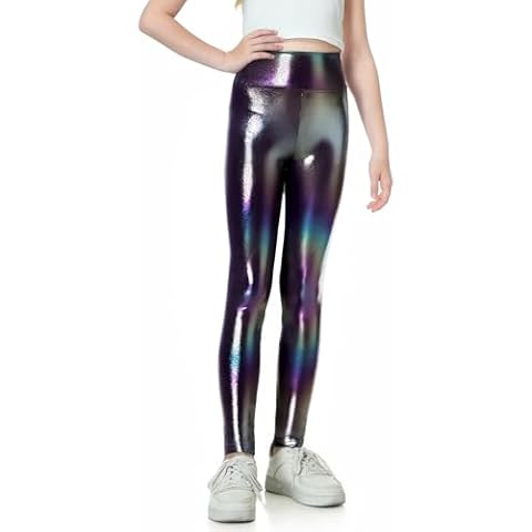 Gnainach Black Leggings for Girls Shiny Metallic Pants Size 6-7 Years Old Elastic Fashion Holographic Clothes for Kids Running Gift Cover