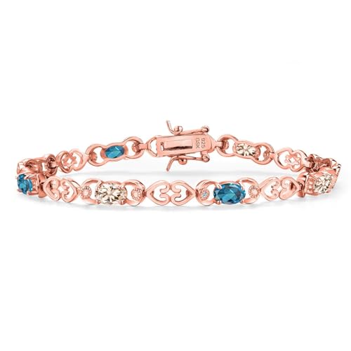 Gem Stone King 18K Rose Gold Plated Silver Peach Morganite and London Blue Topaz and Lab Grown Diamond Bracelet For Women | 4.41 Cttw | Gemstone October Birthstone | Oval 6X4MM | Length 7.25 Inches