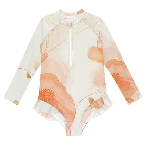ALAZA Swimsuit for Girls Long Sleeve Rashguard Bathing Suit Orange Flowers Quick Dry 4T