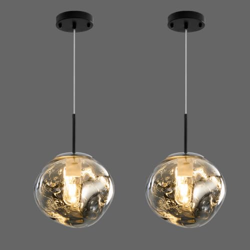 Image of Modern Gray Glass Pendant Lights with 2 Pack, 7.9 inch Concave Mini Pendant Light Fixtures with Adjustable Hanging Cord, Kitchen Island Lighting for Dining Room Bedroom Bar,entryway,Hallway
