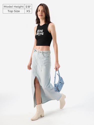 Image of The Souled Store Official Mean Girls: Bling Bling Women and Girls Sleeveless Round Neck Black Graphic Printed Slim Fit Cotton Tank Tops