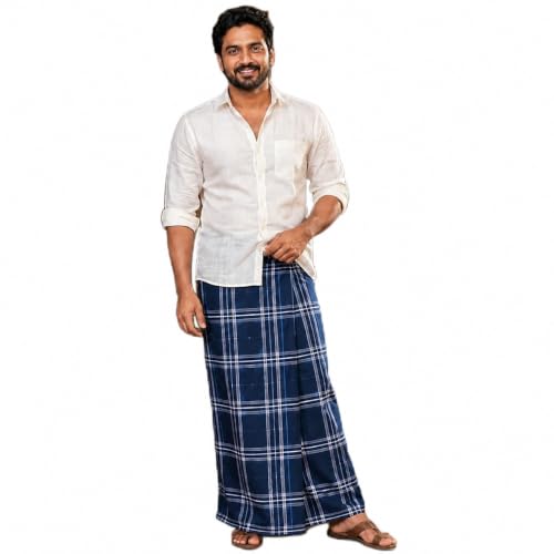 Image of Cotton Lungi for Men | South Indian Traditional Checked Lungis | Comfortable Daily Cotton wear | Breathable Casual Home Wear (Free Size, Pack of 2)