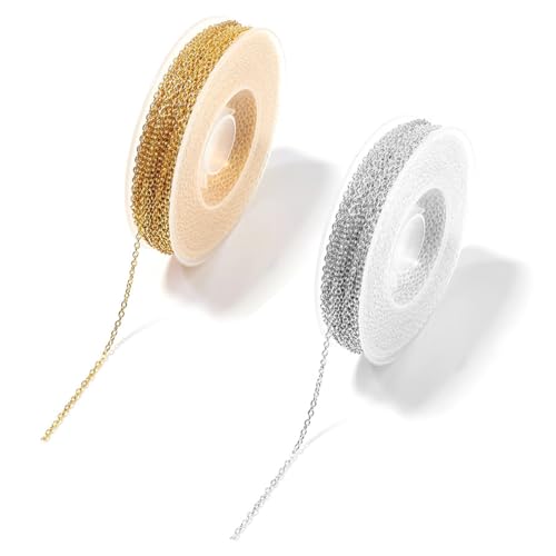 WELANE Chain Roll, 2 Rolls Gold & Silver Jewelry Making Chain with 20 PCS Lobster Clasps and 60 PCS Jump Rings for Bracelet, Necklace, Anklet, Jewelry Making (3m/roll)