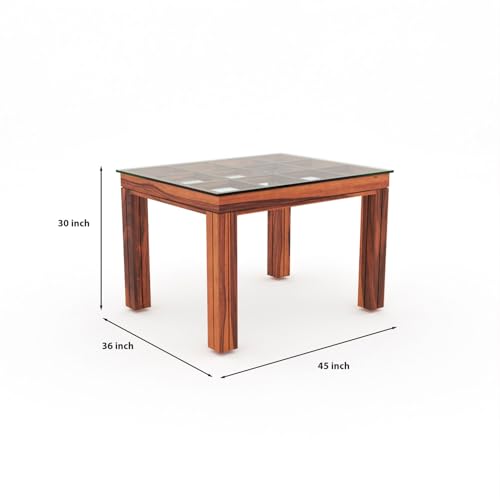 Image of Solid Sheesham Wood Dining Glass Top Table Set of 4| Wooden 4 Seater Dining Table with 4 Chairs with Cushion|Wood Dining Table & Chairs for Home, Restaurant, Dining Room |Honey Finish