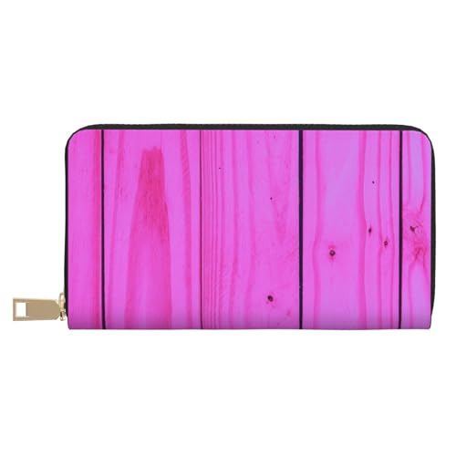Leather Thin Slim Wallets for Women & Men - Pink Bright Wood Grain Print Card Wallet Holder with Zipper
