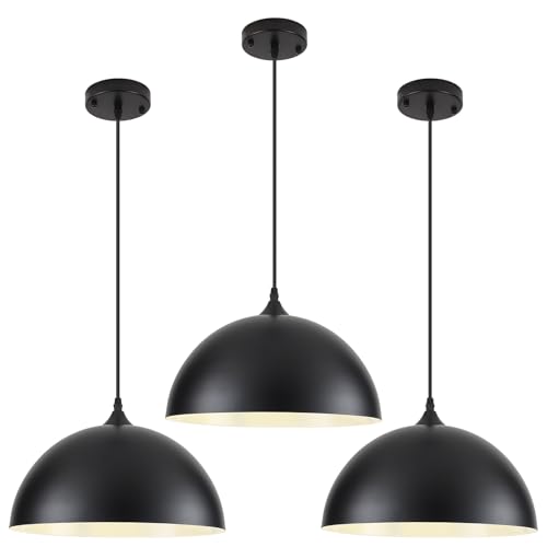 Image of HOLOHATAL Black Pendant Lights Kitchen Island 3 Packs, 14 Inch Large Dome Pendant Light, Black and White Farmhouse Pendant Light, Island Pendant Lights for Kitchen, Dining Room, Cafe