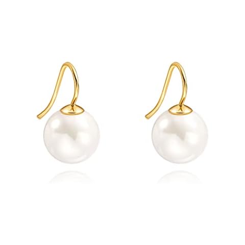 PERNNLA PEARL 18K Gold Pearl Drop Dangle Earrings for Women Trendy Cute Simulated White Pearl Earring Dainty Birthstone Simple Earrings Cover