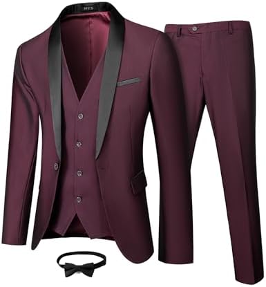MY'S Men's 3 Piece Tuxedo Set with Tie, Shawl Lapel Suit Blazer Vest Pants
