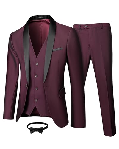 MY'S Mens 3-Piece Suit Shawl Lapel One Button Tuxedo Winter Fabric Slim Fit Premium Dinner Jacket Vest Pants & Tie Set