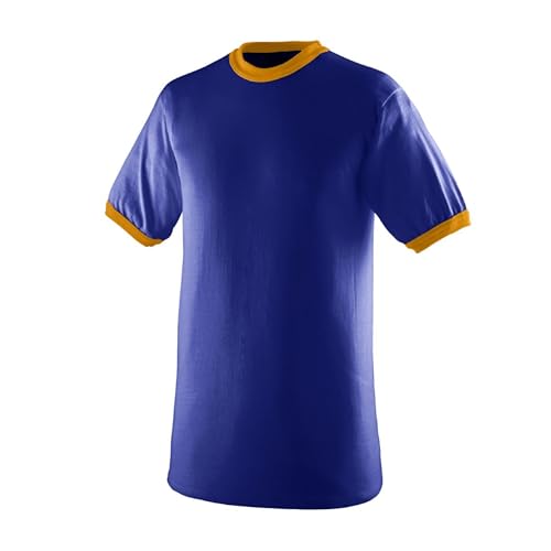 Augusta Sportswear Large Mens Ringer T-Shirt – Soft Jersey Knit Tee with Contrast Collar, Cuffs, and Classic Set-in Sleeves, Purple/Gold