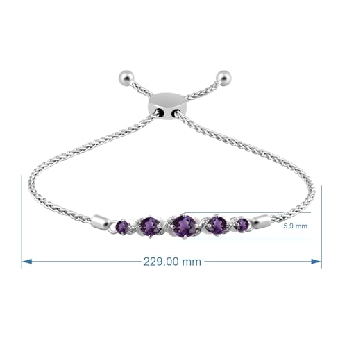 Image of Jewelili Sterling Silver 3 MM, 4 MM and 5 MM Round Amethyst and Round Created White Sapphire Bolo Bracelet, 9.5 inch