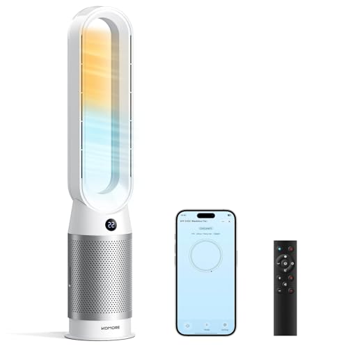 KOMORE 3-in-1 Bladeless Tower Fan & Air Purifier & Heater Combo Tower Fan with 8 Speeds App Control Silen DC Motor 80Oscillating Standing Bladeless Fan 9H Timer Cooling Fans for Bedroom Office