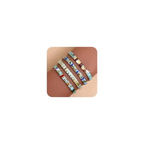 Tila Flat Beaded Bracelets Set for Women, 4Pcs Trendy Handmade Miyuki Glass Stack Beads Stretch Bracelet Festive Holiday Accessories Jewelry Gift.