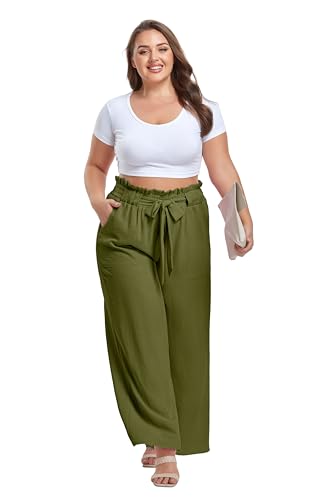 Image of OLRIK Women's Plus Size Pants Adjustable High Waisted Wide Leg Palazzo Pants Casual Trousers with Pockets Spring Clothes