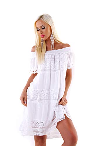 Wholefashion Zuckersüßes mittellanges Carmen Kleid mit Ibiza Spitze in...