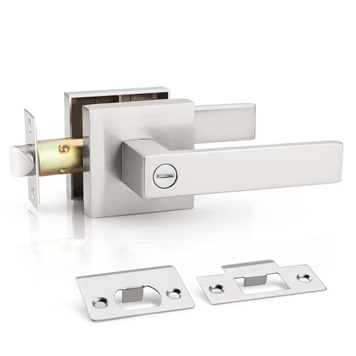 KNOBWELL 1 Pack Brushed Nickel Door Handle, Interior Doorknob with Lock for Bed and Bath Keyless Modern Square Lever Handle(No Key)