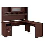 Bush Furniture Cabot 72W L Shaped Computer Desk with Hutch and Drawers in Harvest Cherry