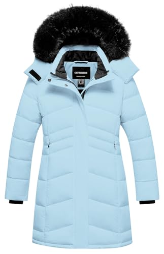 Girl's Waterproof Puffer Jacket with Detachable Fur Hood