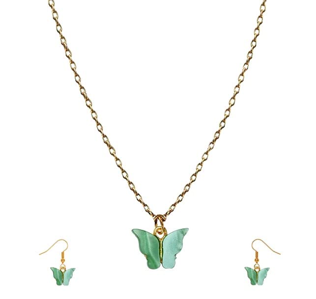 3 Pcs Butterfly Jewelry Set – Includes 1 Gold-Tone Chain Necklace with Green Butterfly Pendant and 2 Matching Drop Earrings, Cute Lightweight Fashion Accessory Gift for Women and Girls