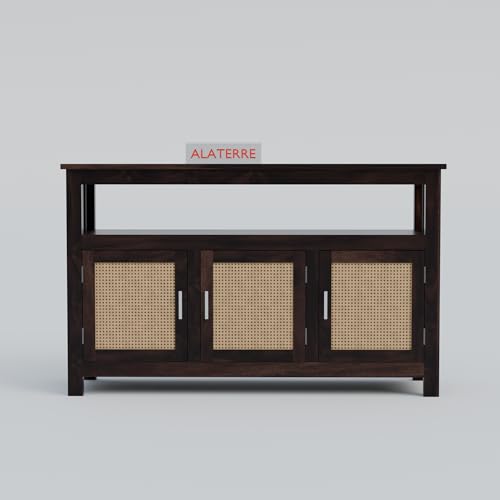 Image of ALATERRE Wooden Sideboard Cabinet with Cane Doors | 3 Door Storage Cabinet with Open Shelf | Solid Wood Buffet Table for Living Room, Dining Room & Entryway (Walnut Finish)