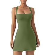 QINSEN Women's Square Neck Bodice Dress Sleeveless Tank Top Stretch Flare Mini Dresses