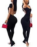 Bodycon Jumpsuits for Women Sexy Backless Rompers Short Sleeve Scoop Neck Stacked Split High Wasited One Piece Outfits Pants Catsuits Black S