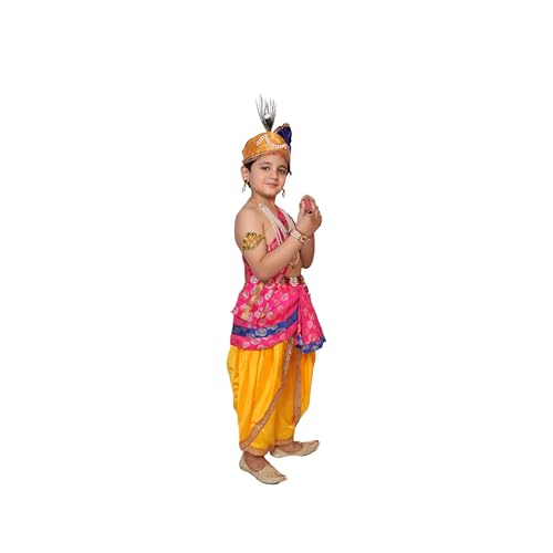 Image of Kaku Fancy Dresses Krishna Costume With Dhoti For Boy /Janmashtami /Bal Gopal Dress /Kanha Costume /Bal Krishna /Mythological Costume For Boy - Yellow-Red, 1-2 Years