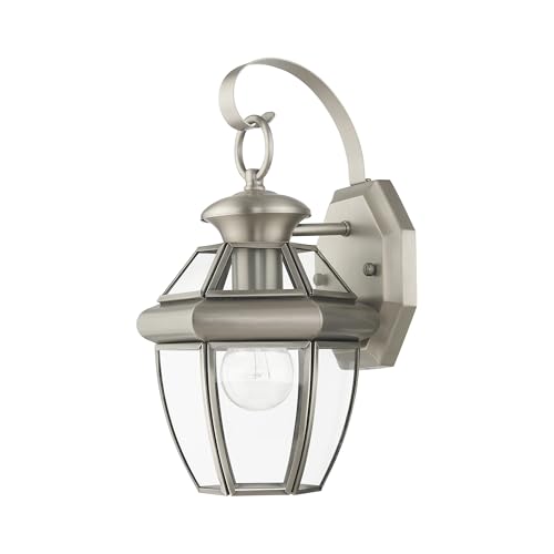 Image of Livex Lighting 2051-91 Monterey 1 Light Outdoor Brushed Nickel Finish Solid Brass Wall Lantern with Clear Beveled Glass | Clear Beveled Glass; Solid brass construction