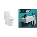 Swiss Madison SM-1T257 Sublime II Compact 24" Length One Piece Toilet Dual Flush 1.1/1.6 GPF with Side Holes, Glossy White & SM-WS315 Voltaire Wall Hung Sink, Glossy White