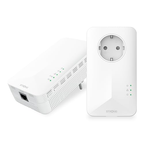 STRONG   Kit Powerline   Doble Toma PLC   PLC 1000 Mbps + PLC WiFi 1200 Mbps   Compatible Box/Router   1 Puerto Gigabit Ethernet + Enchufe Filtrado   Instalación Plug & Play   Alta Velocidad   Blanco