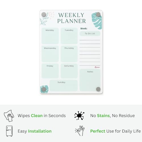 Image of Magnetic Weekly Planner & to-Do Board for Fridge (A4 - 21x30 cm) | Acrylic Dry Erase Chart for Kids & Adults | Strong Magnets, 2 Markers & Eraser Cloth | Meal Plan, Chores & Notes | Green