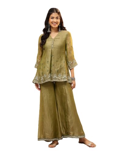 Image of Vbuyz Women Floral Embroidery Stylish A-Line Fandy Silk Kurta With Palazzo