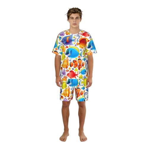 Pyjama short hommes imprimé poisson en coton léger pour l'été