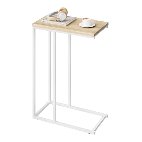 WOLTU Beistelltisch, Couchtisch C Form, Wohnzimmertisch mit Metallgestell, Sofatisch Kaffeetisch, für Kaffee und Laptop, 45 x 63,5 x 25 cm, Helle Eiche + Weiß