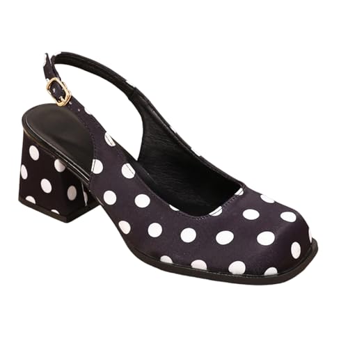 Zapatos de tacón para mujer con tacón de bloque y estampado de lunares, elegantes zapatos de tacón medio con tiras | aspecto femenino divertido para salir y para ocasiones, Estilo L01 Negro, 37 EU
