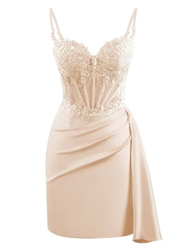 V Neck Satin Homecoming Dresses for Teens Lace Short Porm Dress Mermaid Pleated Bodycon Cocktail Dress