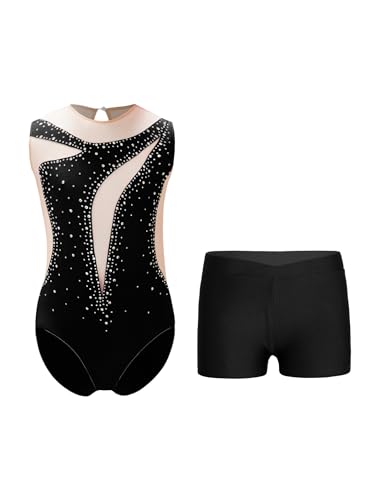 Jan Jean Maillot clásico para niña, con purpurina, patchwork, ballet, camiseta de gimnasia para niños, camiseta de acrobacia, Negro , 122 cm-128 cm