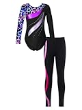 YOOJOO Kids Girls Gymnastics Dance Outfits Long Sleeve Leotard Biketard Jumpsuit with Leggings Pants Set Activewear StarryBlack&Hot Pink 8 Years