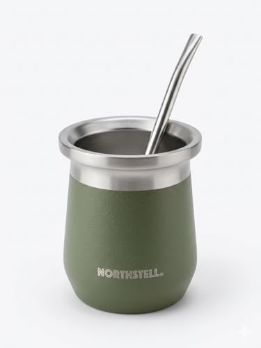 Northsteel Mate Argentino con Bombilla Incluida – Vaso Mate Moderno de Acero | Diseño Elegante y Portátil | Ideal para Mate Tradicional en Casa o Fuera (verde militar)